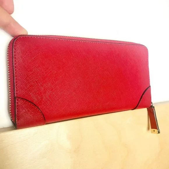 Calvin Klein Red Saffiano Leather Zip Around Long Wallet w/ Gold Interior - Picture 10 of 11